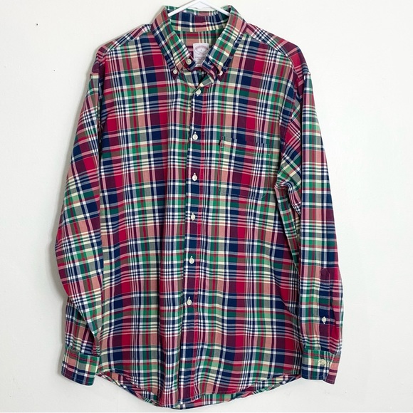 Brooks Brothers Button Down Shirt Mens L Red Blue Green Plaid - Picture 1 of 8